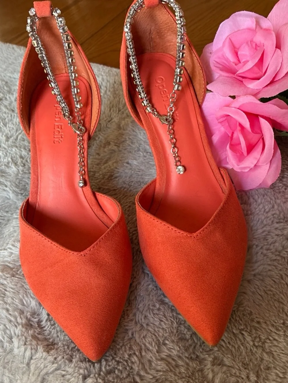 Women's Pointed Toe Slingback Heels with Rhinestone Chain - Orange